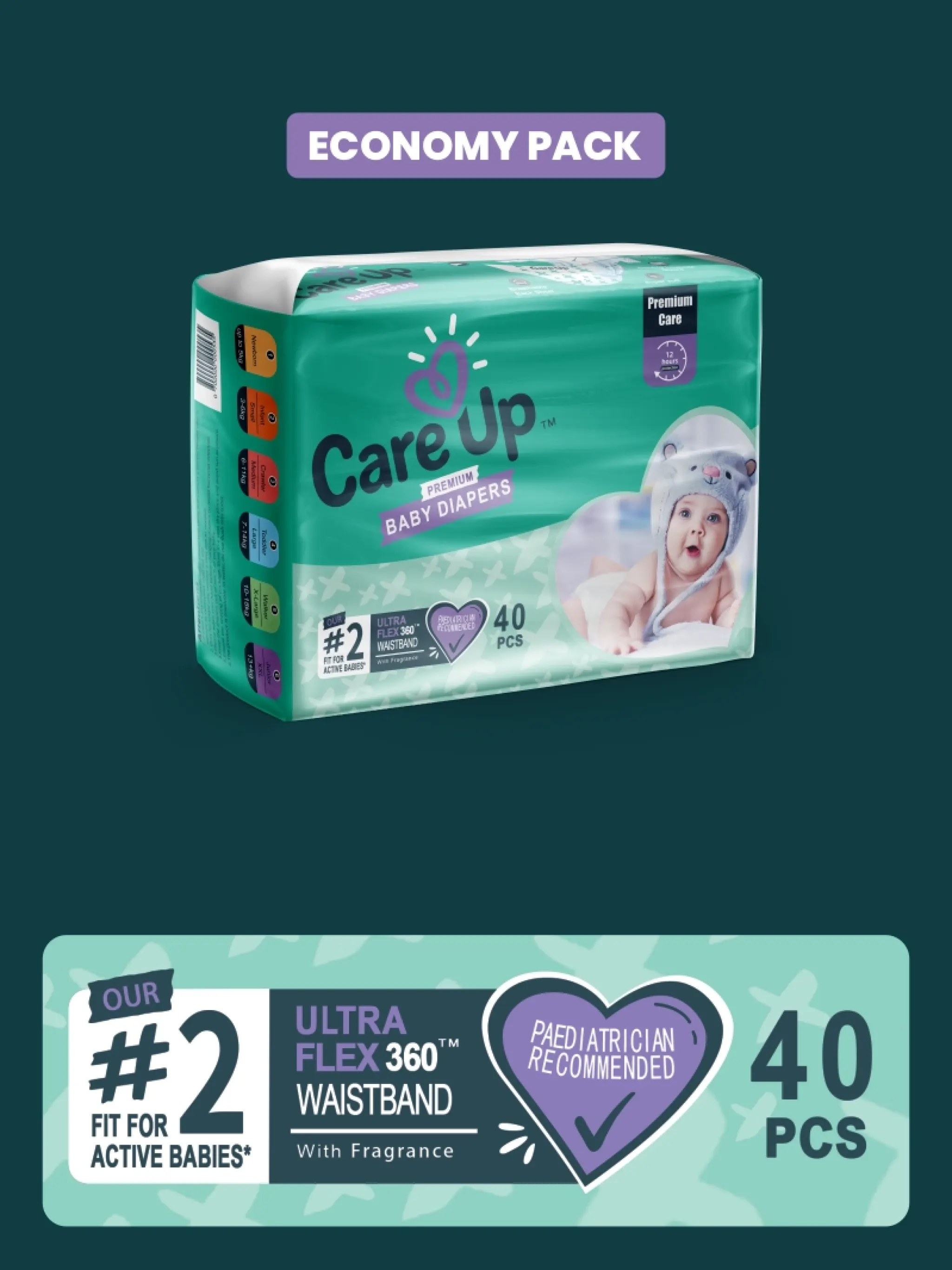  Care Up Premium Baby Diapers - S-2 (Mini) 3-6kg Economy Pack 40 Pcs